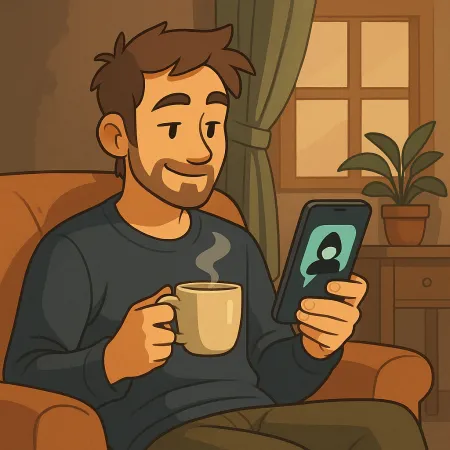 Homem barbudo sentado confortavelmente em uma poltrona, segurando uma xícara de café fumegante em uma mão e um smartphone na outra. Ele sorri enquanto olha para a tela, onde aparece uma silhueta anónima. O ambiente interno é acolhedor, com uma planta, uma cortina e uma janela ao fundo.