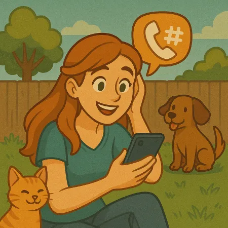 Mulher ruiva sentada na grama em um jardim, sorrindo enquanto olha para seu smartphone. Um gato laranja está aconchegado contra ela e um cachorro marrom está sentado perto. Uma bolha de diálogo contendo um ícone de telefone e um cerquilha flutua acima dela, sugerindo uma conversa telefônica.