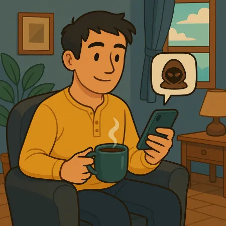 Homem sentado confortavelmente em uma cadeira, segurando uma xícara de café fumegante e consultando seu smartphone, com uma bolha de mensagem exibindo um ícone de máscara anônima ou hacker, em uma sala aconchegante com janela, lâmpada e planta.