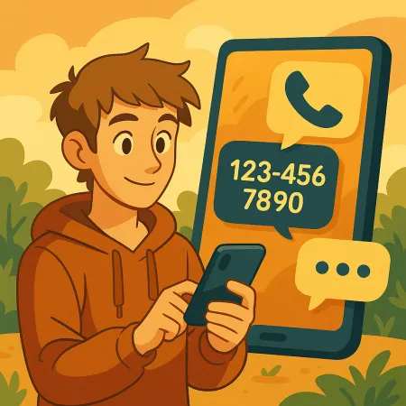 Jovem sorridente de moletom com capuz usando seu smartphone, com uma grande tela de telefone ao fundo exibindo um ícone de chamada e um número de telefone fictício (123-456-7890), em um cenário externo estilizado e acolhedor.