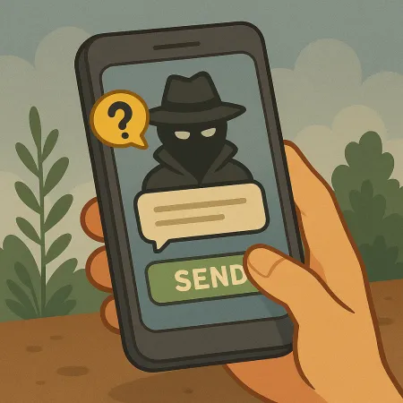 Mão segurando um smartphone exibindo uma figura encapuzada com impermeável e chapéu, representando um remetente anónimo. Uma balão de diálogo com um ponto de interrogação é visível, assim como um botão verde marcado 'ENVIAR', sugerindo o envio de uma mensagem anónima.