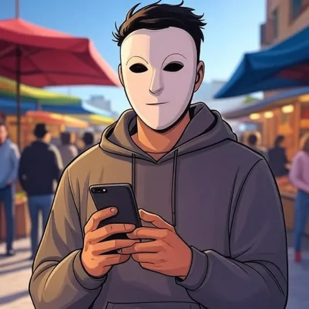Um jovem estiloso usando uma máscara branca e um moletom cinza, olhando para o seu telefone em um mercado ao ar livre.