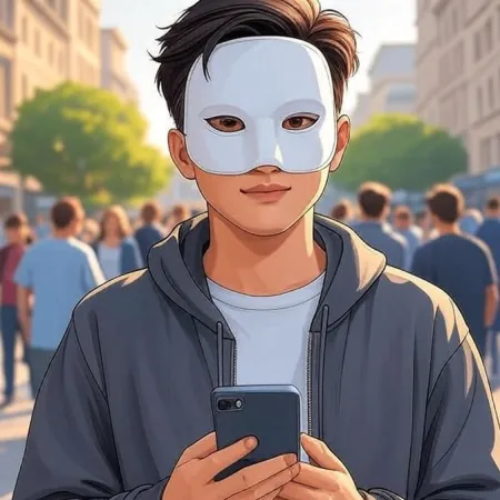 Um jovem estilizado com um máscara branca e um casaco cinza, olha para a câmera enquanto segura um smartphone em uma rua movimentada.