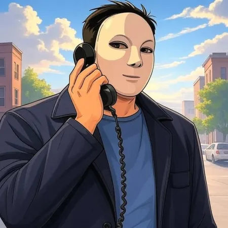 Um homem usando uma máscara branca, uma jaqueta escura e uma camiseta azul, fala no receptor de um telefone preto antigo, com uma rua da cidade ao fundo.