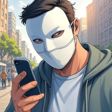 Um homem usando uma máscara branca e um moletom com capuz olha para seu telefone celular em uma rua da cidade. A imagem é feita em um estilo de desenho animado ou quadrinhos.