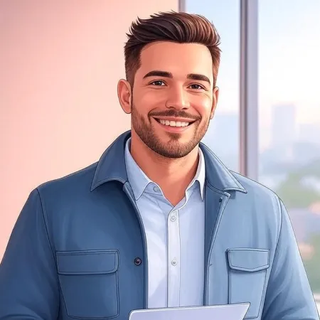 Um jovem sorridente em traje profissional descontraído em um escritório.