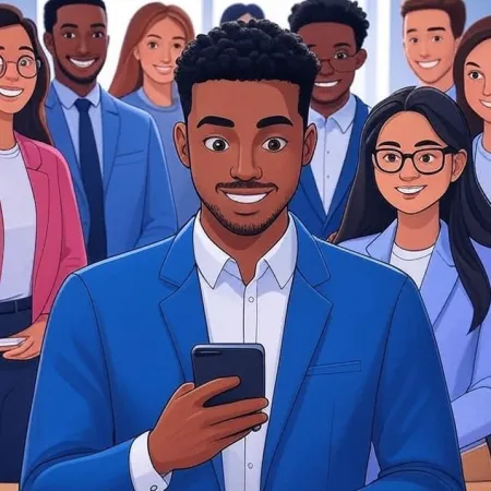 Ilustração de um jovem empresário negro sorrindo e olhando para seu smartphone, com sua equipe ao fundo.