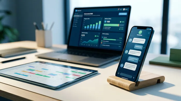 Uma imagem dividida em duas partes a mostrar um smartphone: à esquerda, uma interface de mensagens com uma opção de agendamento de envio, e à direita, uma notificação de lembrete sobre uma secretária de madeira.