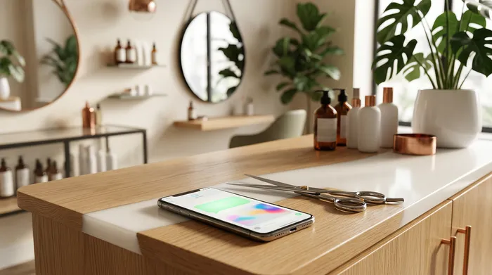 Um smartphone a exibir uma aplicação de mensagens, pousado sobre uma mesa de mármore ao lado de uma folha com uma lista de tarefas manuscrita e um lápis.