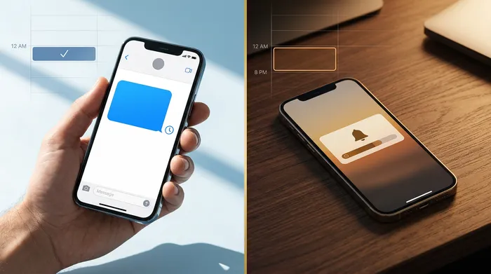 Um smartphone a exibir uma aplicação de mensagens, pousado no balcão de um salão de cabeleireiro em madeira clara, com tesouras profissionais e produtos de beleza ao fundo.
