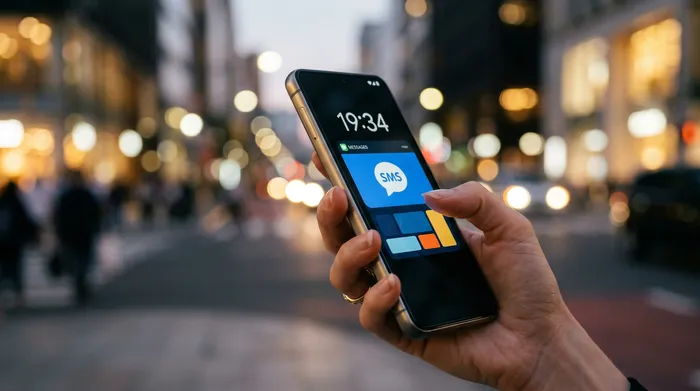 Uma pessoa a segurar num smartphone que exibe uma aplicação de mensagens, sentada a uma secretária com um computador portátil, um caderno de notas e uma chávena de café.