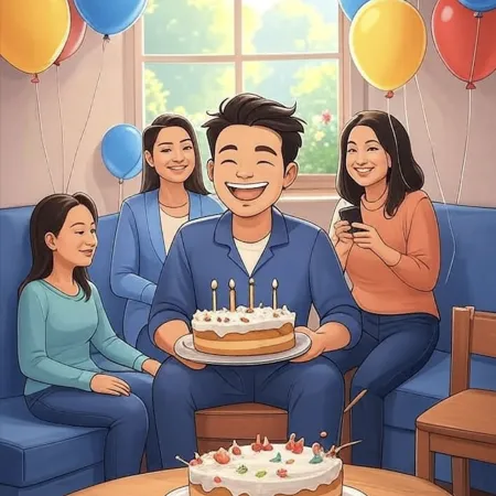 Homem sorridente segurando um bolo com cinco velas, cercado de pessoas próximas em uma sala decorada com balões coloridos.
