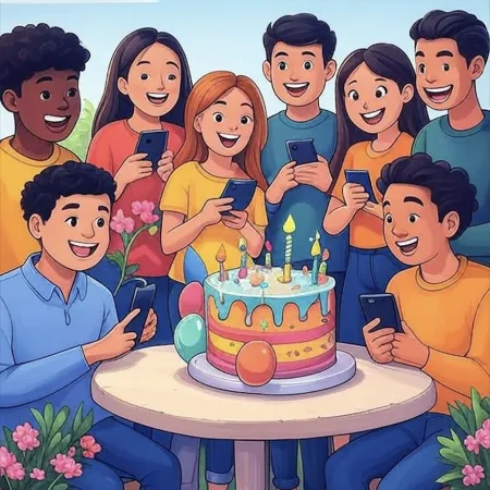 Grupo de jovens sorridentes ao redor de um bolo de aniversário colorido com velas, balões e decorações, segurando seus telefones.