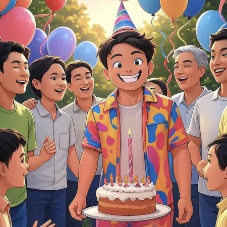 Garoto sorridente com chapéu de festa segurando um bolo com uma única vela, cercado por convidados e balões coloridos ao ar livre.