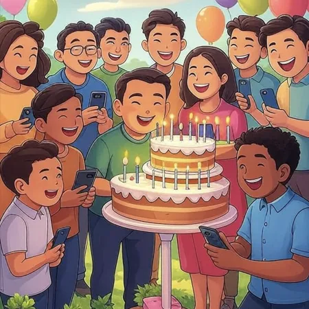 Grupo de pessoas sorridentes cercando um grande bolo de dois andares com várias velas acesas, enquanto tiram fotos com seus telefones.
