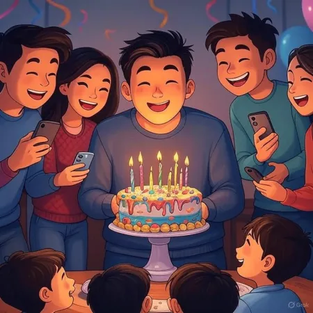 Ilustração de um aniversário onde um homem sorridente segura um bolo decorado com velas acesas, cercado de amigos e familiares tirando fotos com seus celulares.