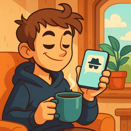 Ilustração de um jovem sorridente, sentado confortavelmente com uma xícara de café, segurando um smartphone que exibe um ícone de mensagem anónima com um chapéu e óculos escuros