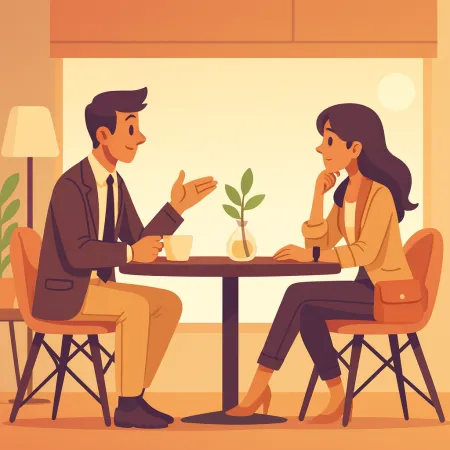 Ilustração de duas pessoas conversando cara a cara em um café, um homem de terno e uma mulher em vestuário casual elegante, sentados a uma mesa com uma pequena planta ao centro.