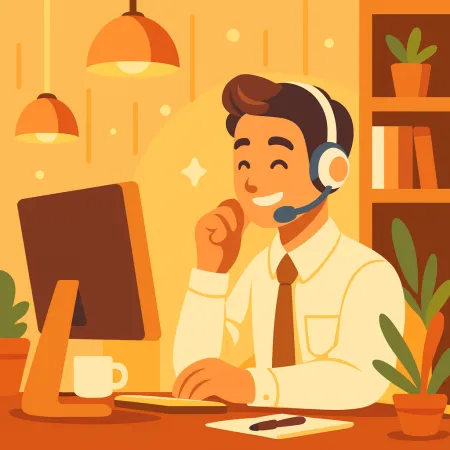 Ilustração de um homem sorridente com fones de ouvido trabalhando em um computador de mesa em um ambiente acolhedor e confortável com plantas e uma xícara de café
